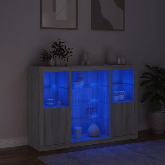 Berkfield Home 3-Piece Modern Sideboard Set in Grey Sonoma with Integrated LED Lighting and Glass Details