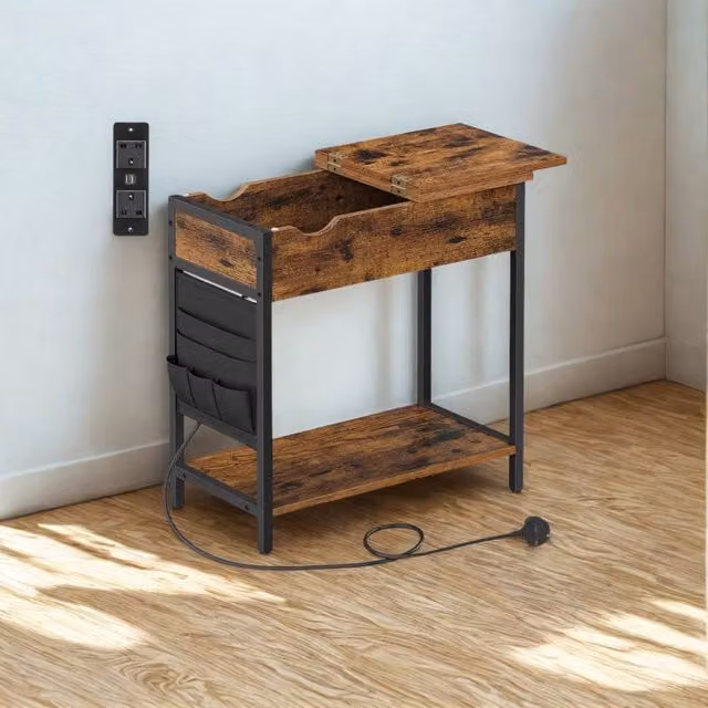 Pirlo Plush Slim Smart Bedside End Table with Power and USB Outlets, Rustic Brown, W/D/H: 31.5 x 60 x 60 cm – 1