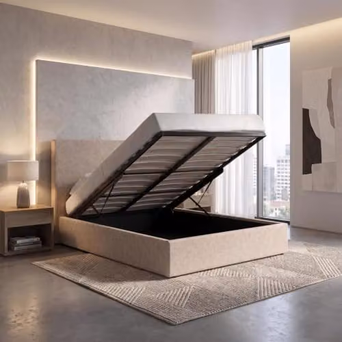 FWStyle Small Double Ottoman Storage Bed in Beige Sand, H 209 cm x W 139 cm x D 113 cm – 2