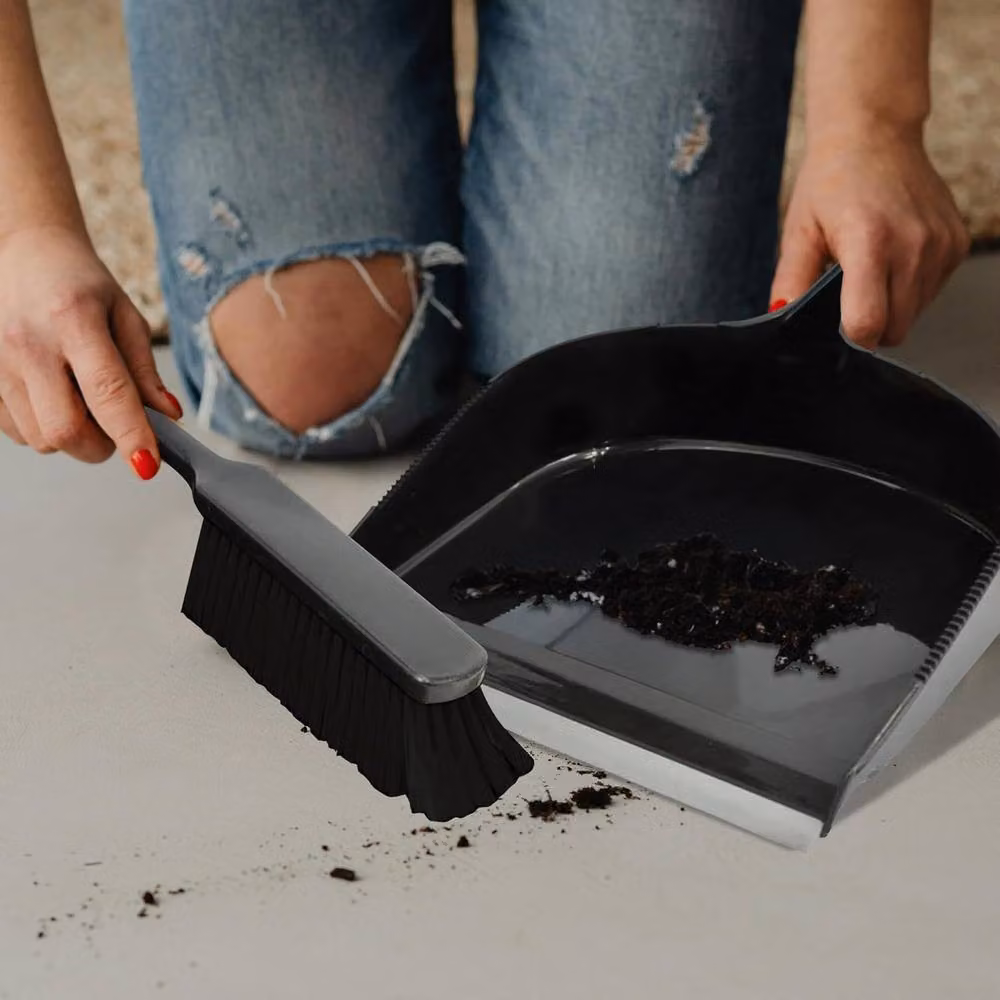 BARGAINS-GALORE Black Plastic Dustpan and Brush Set with Handheld Scrubber – 2