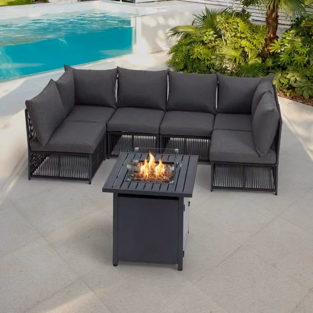 GRS Remi Modular Rope Style Garden Set in Black and Grey with Sofa, Coffee Table and Small Fire Pit