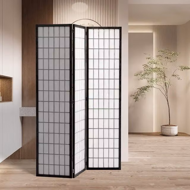 Livingandhome Japanese Geometric Folding Wooden Room Divider in Black, Height: 130 cm