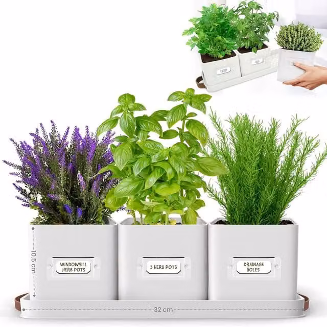 Green Thumbz Set of 3 White Steel Window Herb Pot Planters for Indoor and Outdoor Use