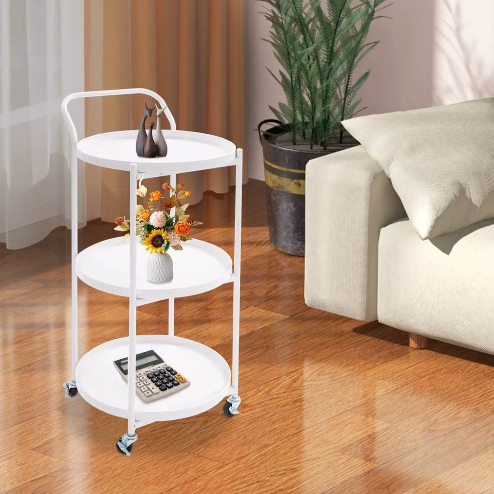 Ventryn White Lacquered Metal Rolling Bar Cart with Castors for Kitchen and Dining Room – 3