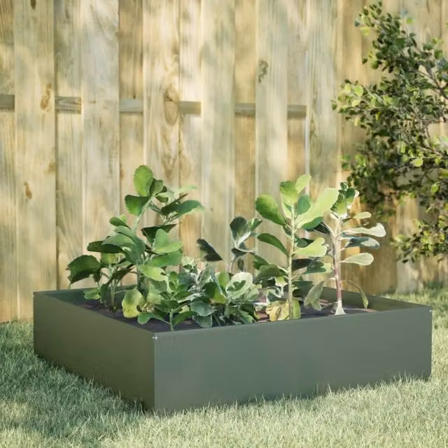 Berkfield Home Garden Steel Raised Bed in Olive Green, W/D/H: 100 x 100 x 25 cm – 1