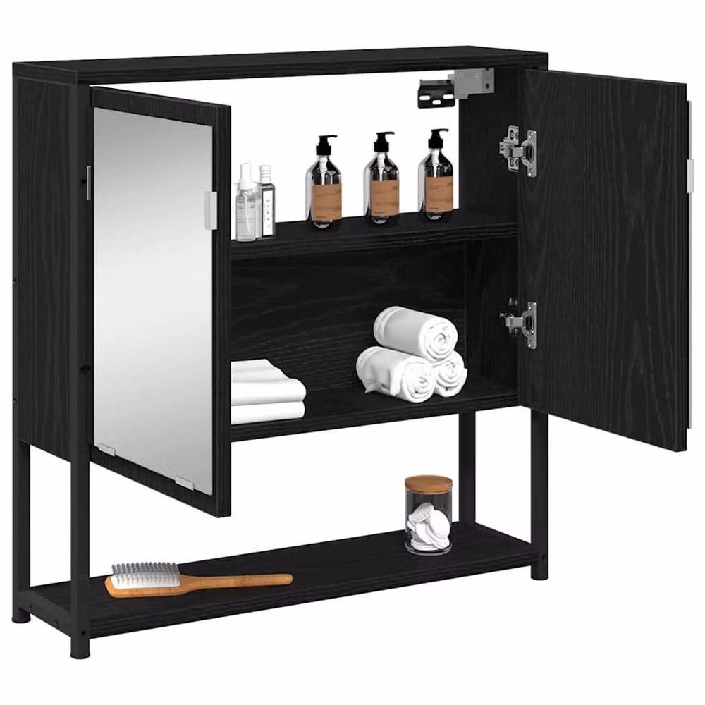 Berkfield Home Modern Black Oak Bathroom Mirror Cabinet with Hinged Doors and Internal Shelves, W: 60 cm, H: 60 cm, D: 16 cm – 3