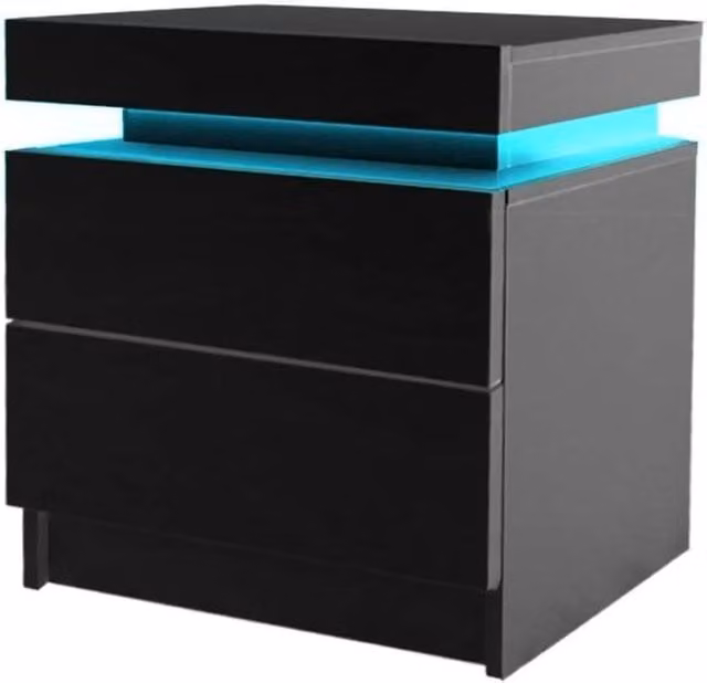 VOGREX Set of 2 Modern High Gloss Black Bedside Nightstands with RGB LED Lighting – 1