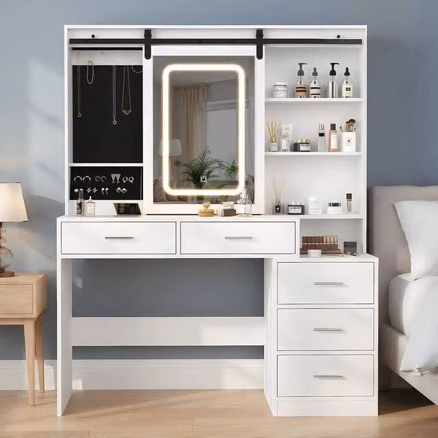 SPETLEK Large Modern White Dressing Table with Drawers and Sliding Hollywood LED Mirror