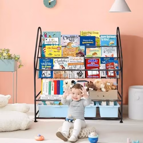 Huhote Black Metal Childrens Bookshelf and Toy Storage Organizer – 2