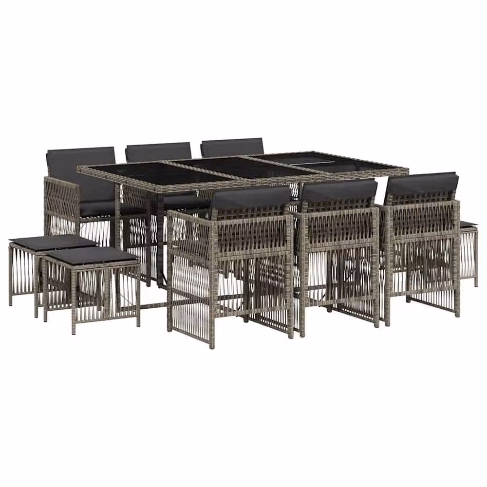 Berkfield Home 11 Piece Grey Poly Rattan Garden Dining Set with Cushions and Glass Top – 2