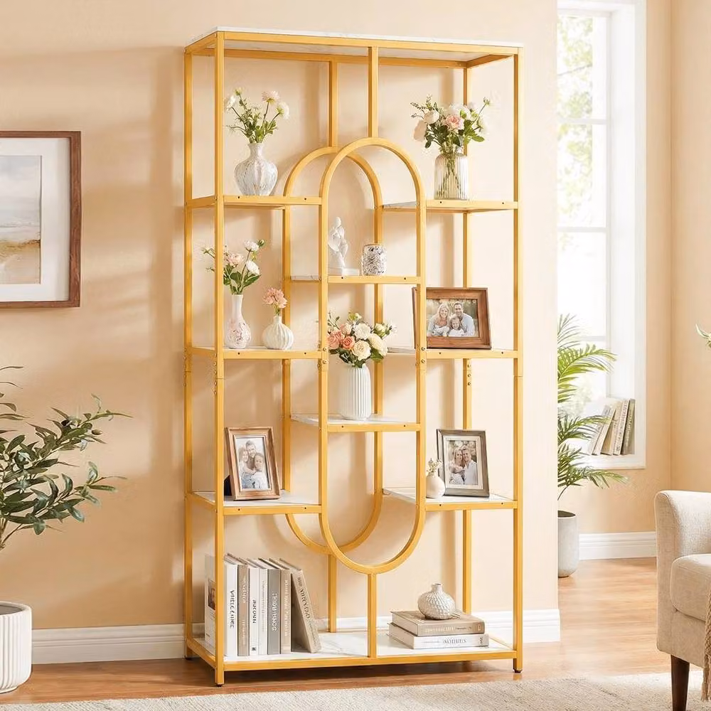 KORVIXA Modern Luxurious 10-Tier Gold Display Rack with Metal and Stone Geometric Design W/D/H: 100 x 100 x 100 cm – 2