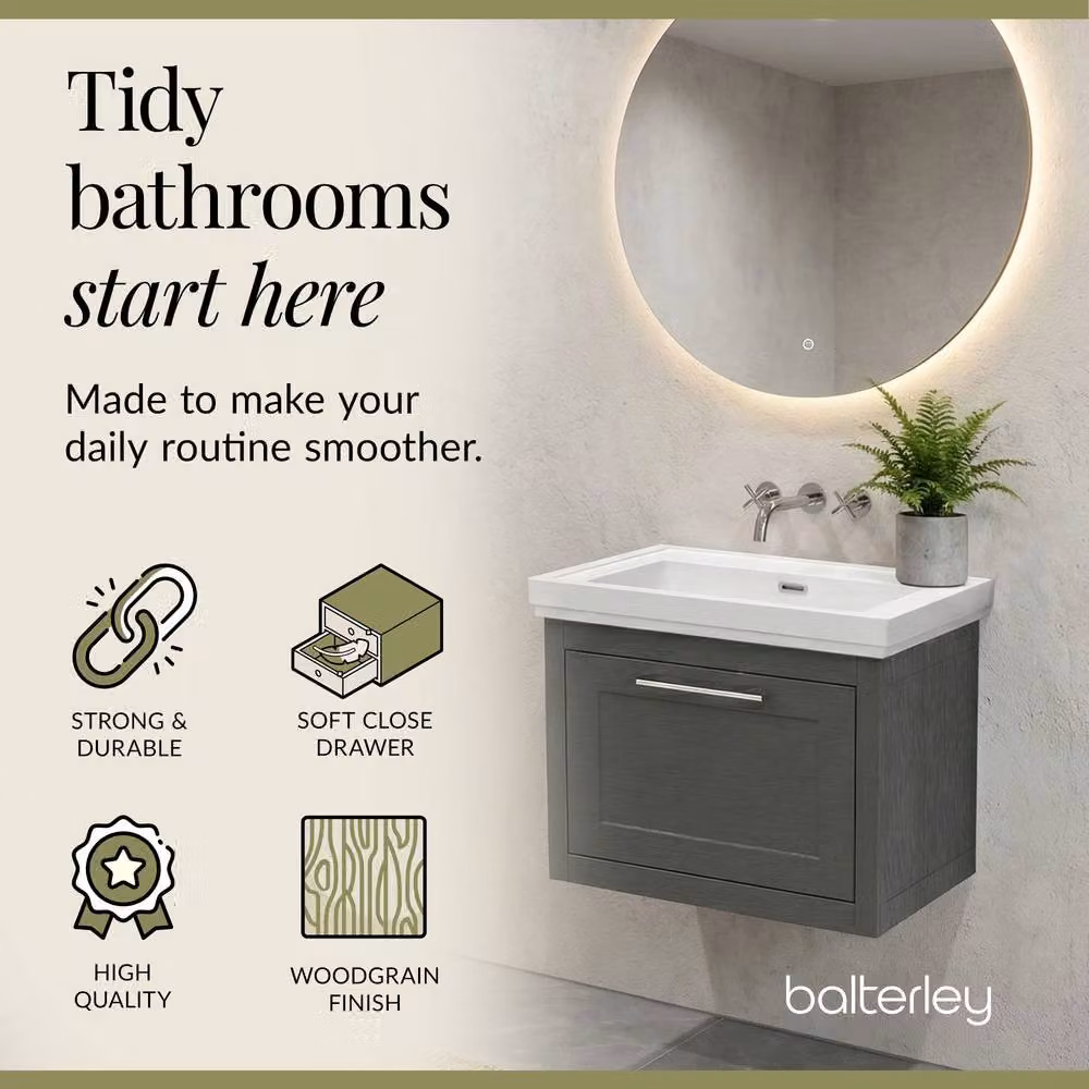 Balterley Wall Hung Modern Single Drawer Vanity Unit with Basin in Dark Grey, W: 60 cm, D: 51.5 cm, H: 47.1 cm – 5