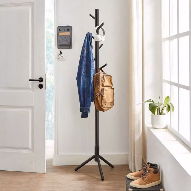 VASAGLE Modern Solid Wood Coat Rack with 8 Hooks in Black