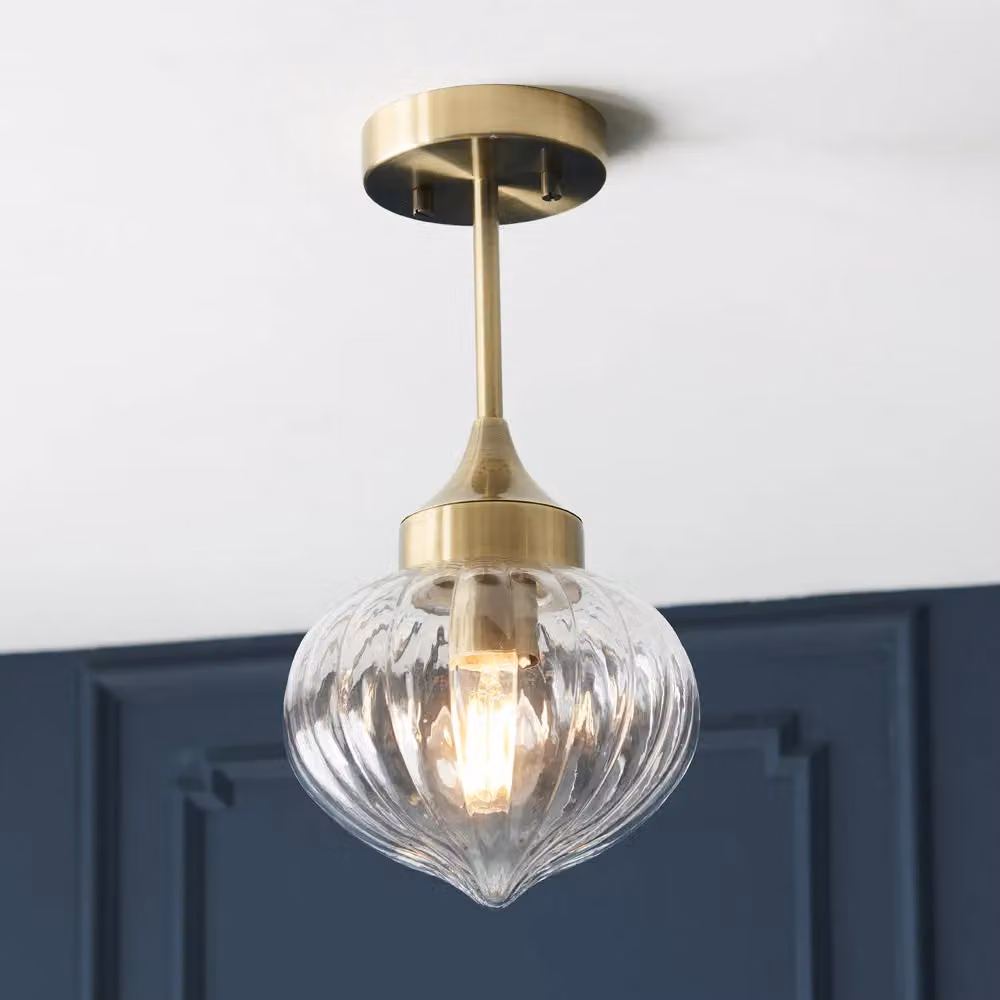 Loops Semi Flush Ceiling Light Fitting with Antique Brass Plate and Transparent Ribbed Glass Shade – 2