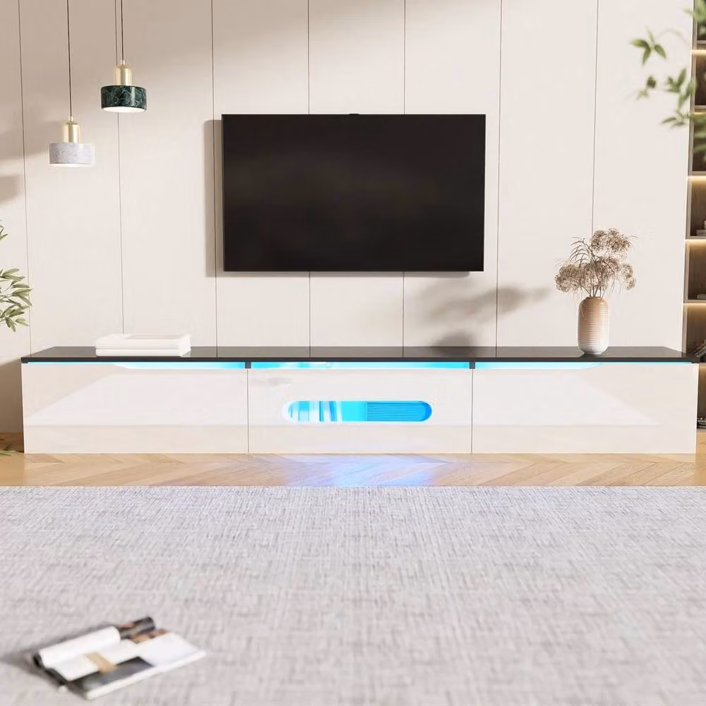 FORGEVIO Modern Wall Mounted Floating TV Unit in Black Glossy MDF with Integrated Lighting and Soft Close Drawers, W/D/H: 180 x 35 x 30 cm – 3