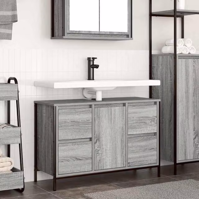 Berkfield Home Basin Cabinet with Drawers in Grey Sonoma, W: 90 cm, D: 34.5 cm, H: 60 cm – 1