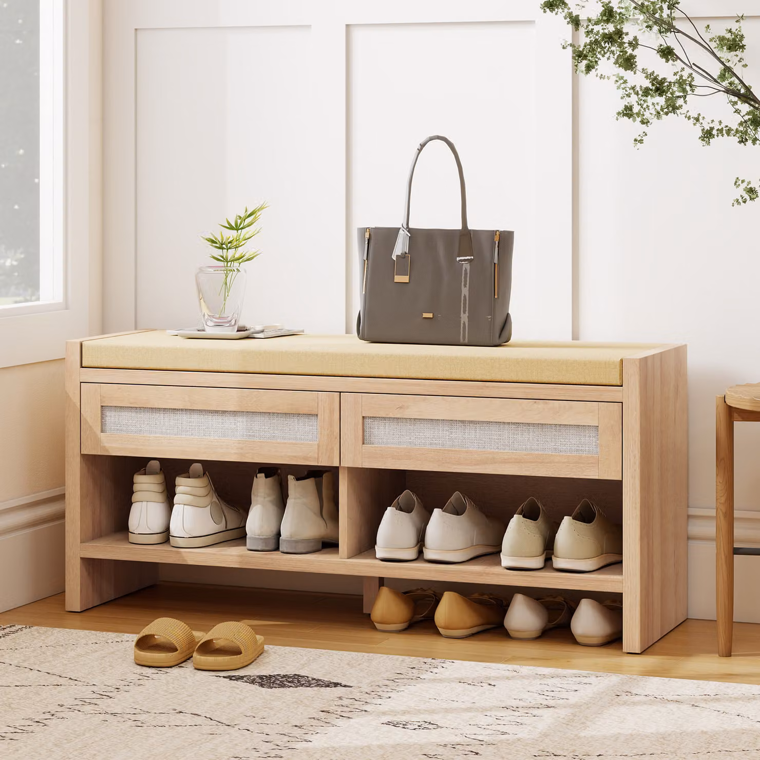 HOMCOM Boho Shoe Storage Bench with 2 Rattan Drawers, Cushioned Seat and Open Shelf in Oak Wood Effect, Brown and Beige – 2