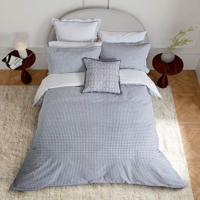 Bedeck of Belfast Mallory Checked Cotton Percale Kingsize Duvet Cover Set, White and Blue, W: 180 cm x L: 200 cm