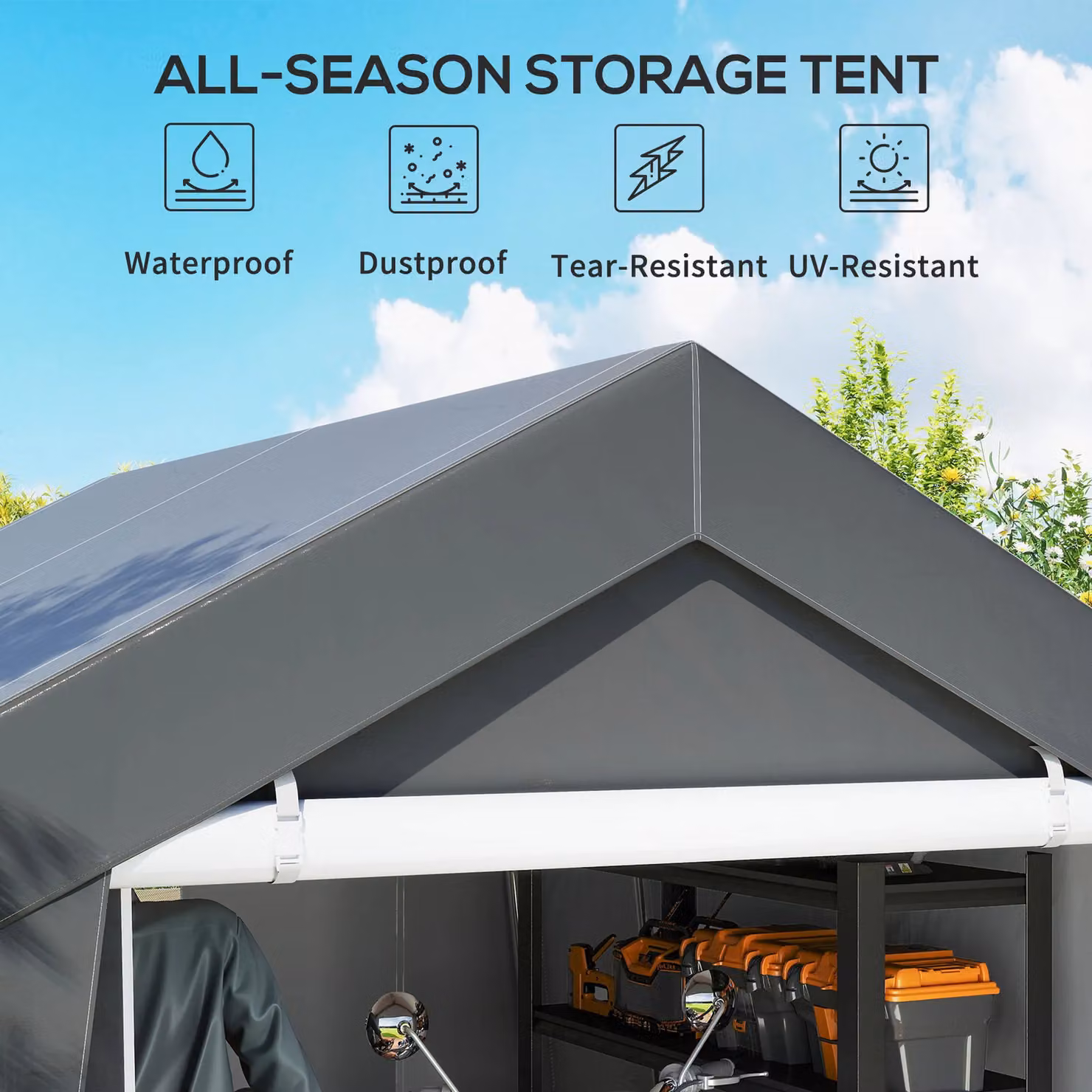 OUTSUNNY Heavy Duty Waterproof Portable Gable Shed in Dark Grey, W: 300 cm x D: 300 cm x H: 235 cm – 4