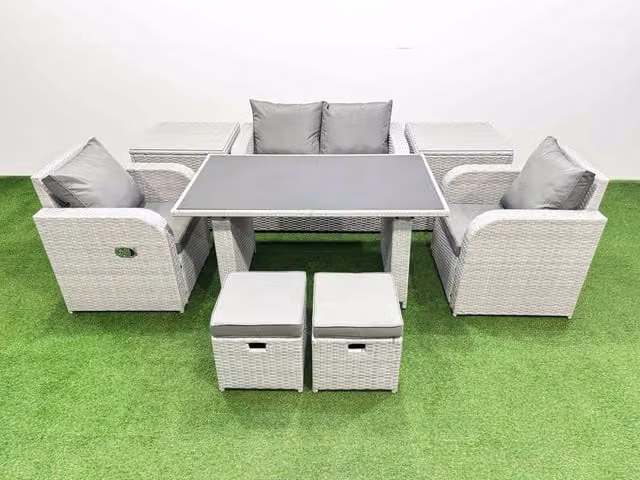 Fimous 6-Seater Outdoor Rattan Garden Furniture Dining Set with 2 Side Tables in Light Grey