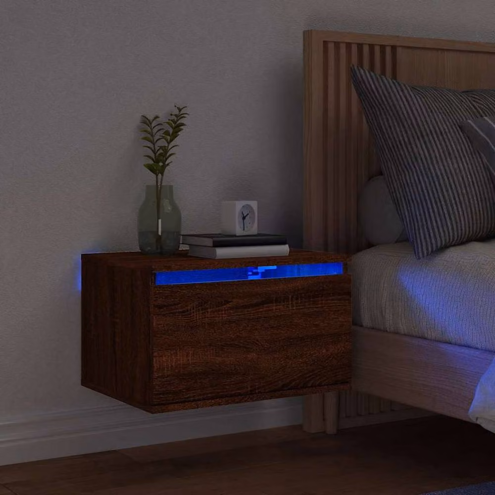 Berkfield Home Wall-mounted Bedside Cabinet with Integrated LED Lights, Brown Oak – 2
