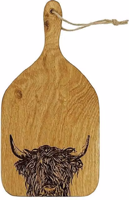 Selbrae House Small Oak Hanging Paddle with Highland Cow Design in Natural Brown