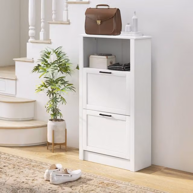 HOMCOM Modern White Shoe Cabinet with 2 Tilting Compartments and Internal Shelves
