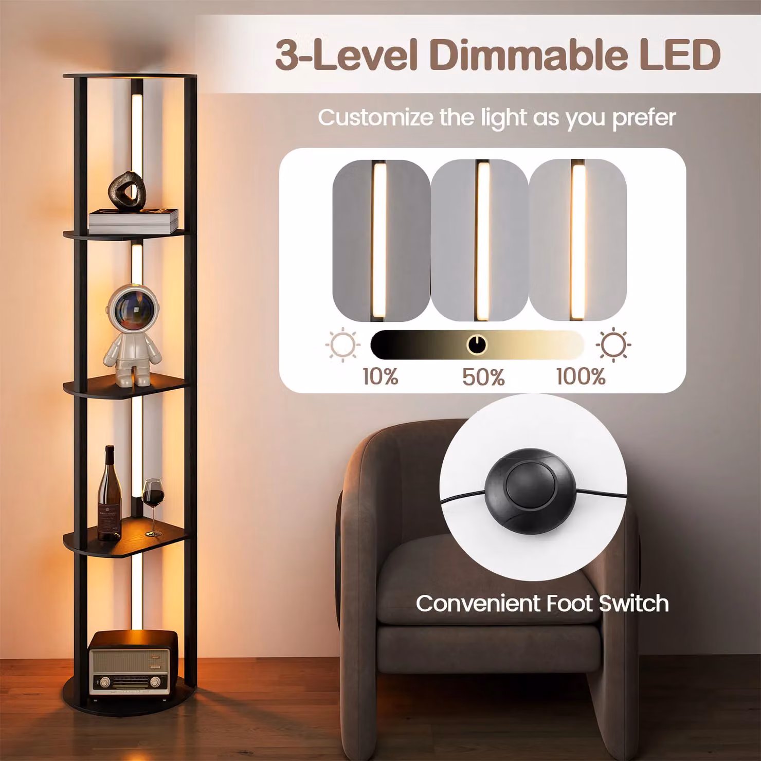 Costway Modern Wood Display Rack Floor Lamp with 4 Adjustable LED Strips in Black – 5