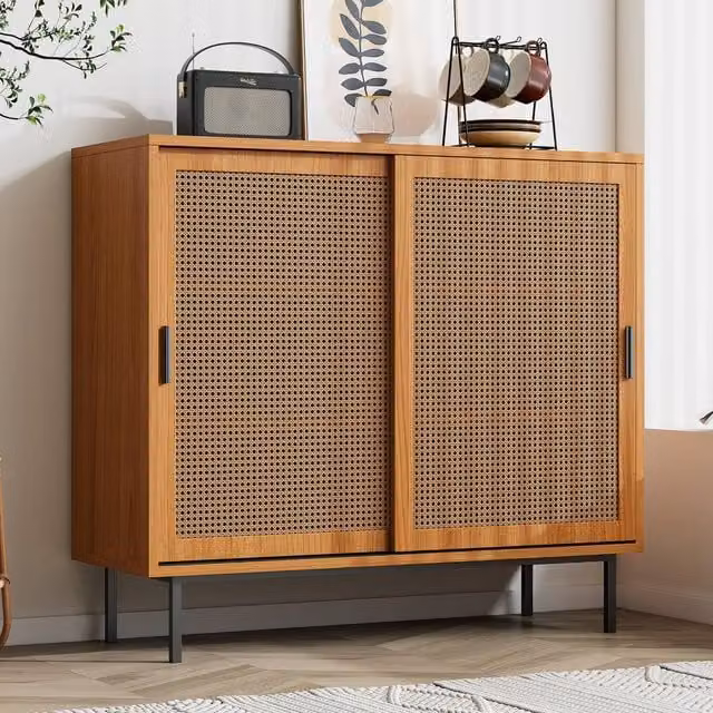 STILVORA Mid-Century Sideboard with Sliding Doors in Walnut Finish, Brown and Black
