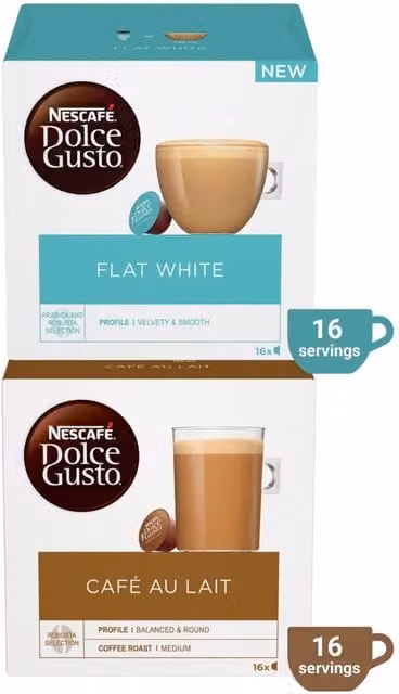 Nescafe Dolce Gusto Cafe Au Lait and Flat White Coffee Pods, 32 Pack, Brown and Multicolour