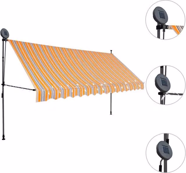 Berkfield Home Manual Retractable Folding Arm Awning with LED, Yellow and Blue Striped, W/D/H: 350 x 120 x 250 cm