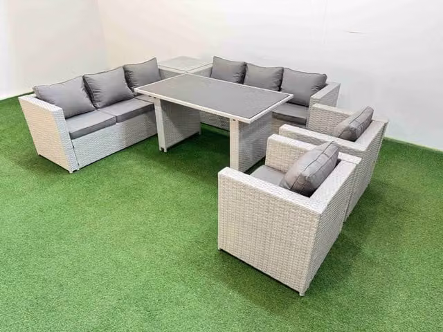Fimous Outdoor Dining Set with 8 Seater Rectangular Table, 3 Seater Sofa, Lounge Armchairs and Coffee Table in Grey and Black