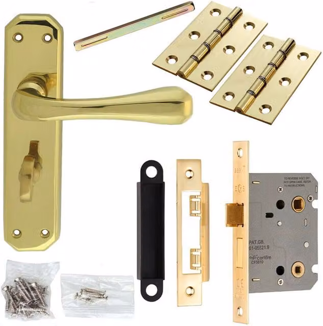Loops Polished Brass Door Handle and Bathroom Lock Pack with Smooth Flared Bar Thumb Turn Backplate – 1