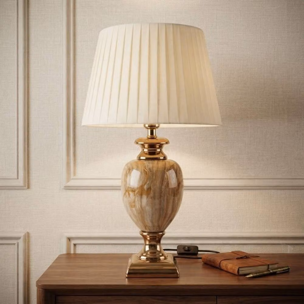 HOME LUXE INTERIOR Medium Marble Table Lamp in Beige and Gold with Pleated Fabric Shade, Height: 61 cm – 3