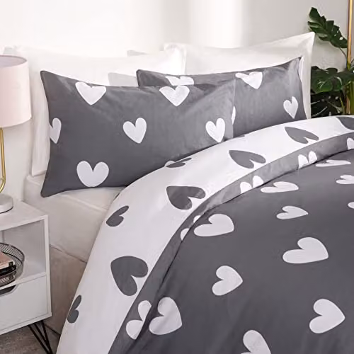 OHS Love Heart Reversible Printed Duvet Cover and Pillowcase Set, Grey and White, W/D/H: 200 x 200 cm with Pillowcase 50 x 75 cm – 5