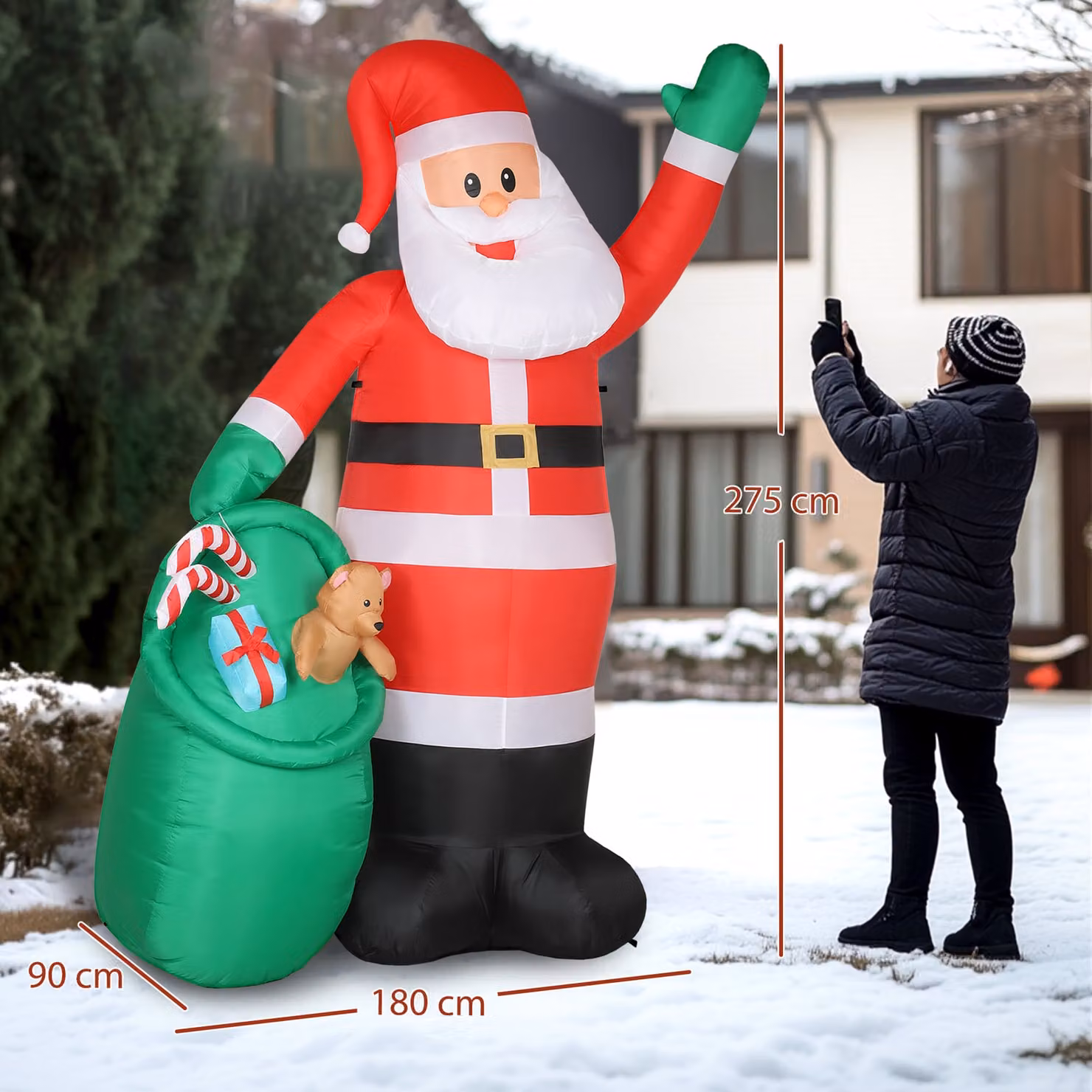Outsunny 275 cm Inflatable Christmas Santa with Bear Sack and Built-in LED Lights in Red – 3