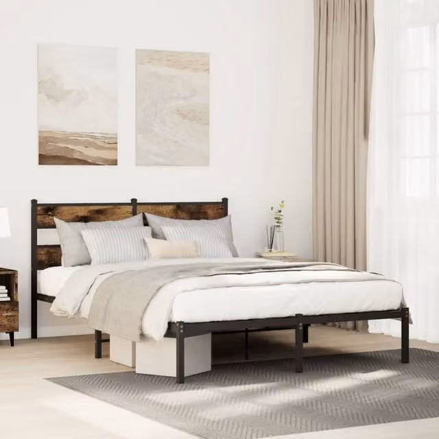 Berkfield Home Metal Bed Frame in Smoked Oak Brown, W: 160 cm, L: 200 cm – 1