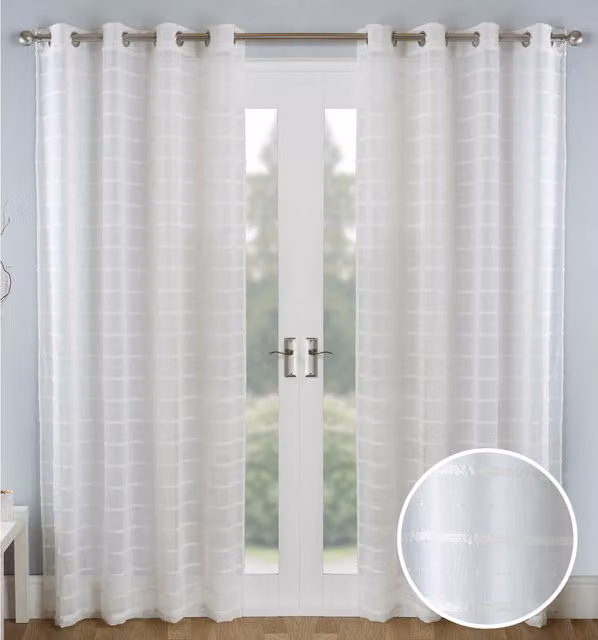 Tyrone Textiles Pair of Eyelet Sheer Linen-Look Voile Fabric Panels with Chenille Stripe Design in Beige, Brown and White, Height: 183 cm