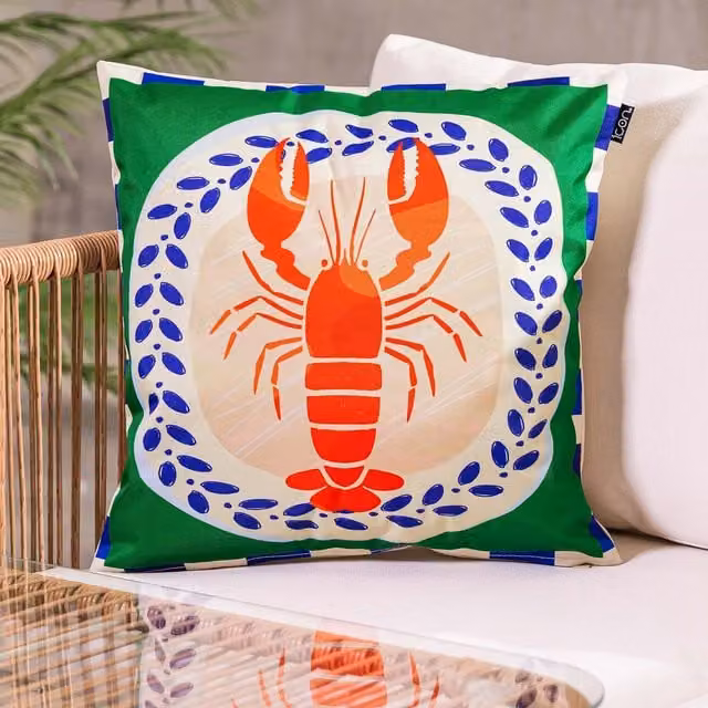 ICON Green Lobster Print Nautical Square Cushion, W/D/H: 43 x 43 x 43 cm