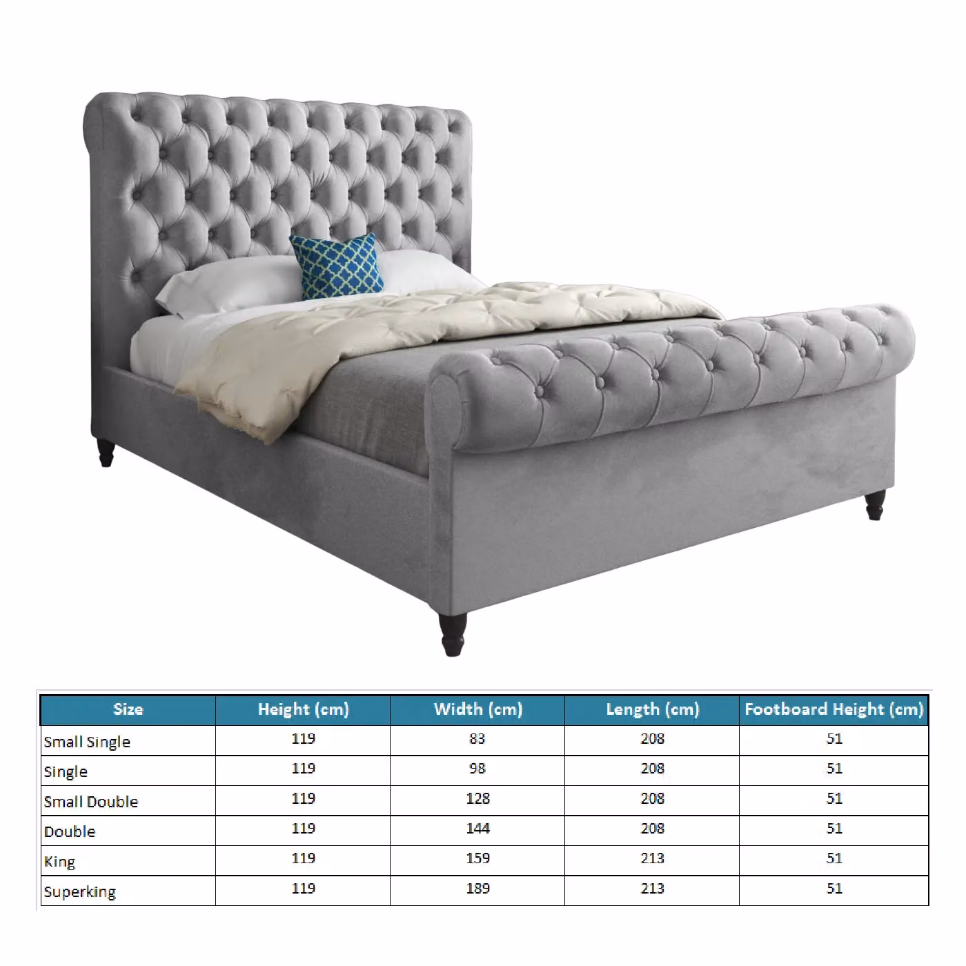 Casani Sienna Sleigh Upholstered Soft Velvet Bed Frame in Grey, W/D/H: 90 x 200 x 119 cm – 4
