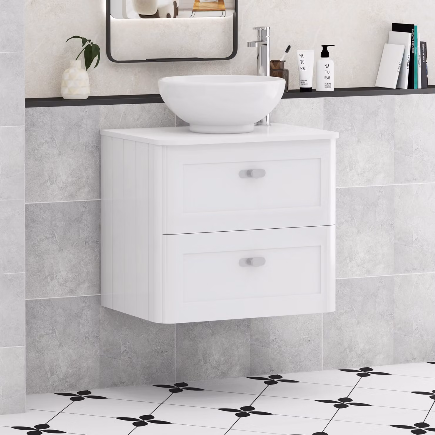 Royal Bathrooms Henley 600mm Gloss White Wall Hung 2 Drawer Vanity Unit with Plain White Worktop, Breeze Basin and Chrome Knob