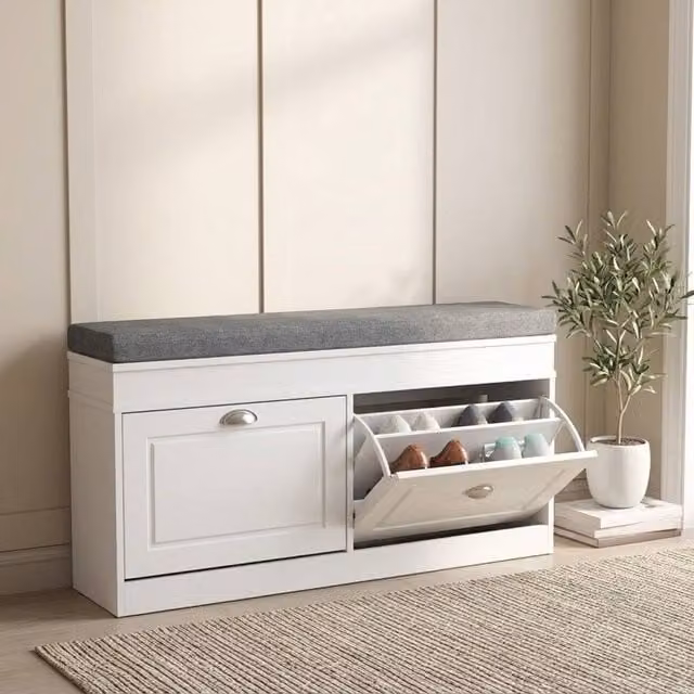 STILVORA Shoe Storage Bench with Cushion and Flip Drawers in White