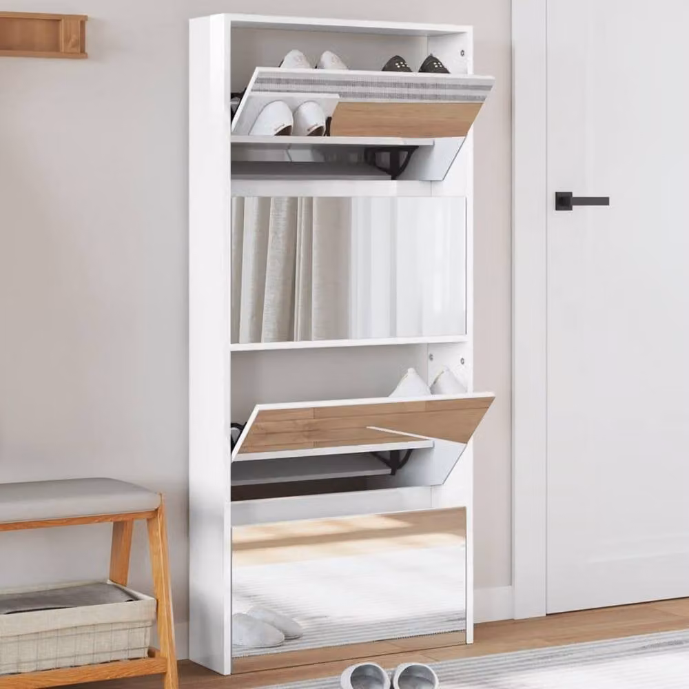 Berkfield Home 4-Layer High Gloss White Shoe Cabinet with Mirror, W: 63 cm, D: 17 cm, H: 134 cm – 1