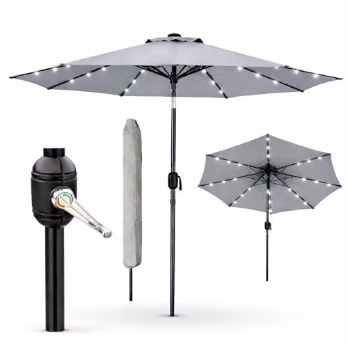 GlamHaus Solar LED Tilting Garden Parasol with Crank Handle and UV40 Protection, Grey