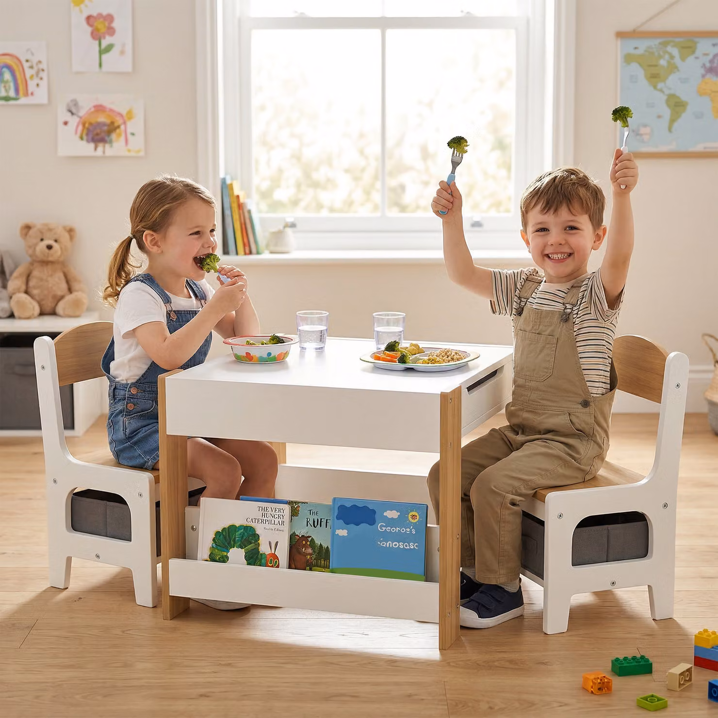 HOMCOM Three-Piece Kids Table and Chair Set with Blackboard, Storage and Bookshelves in Brown and White Wood – 2