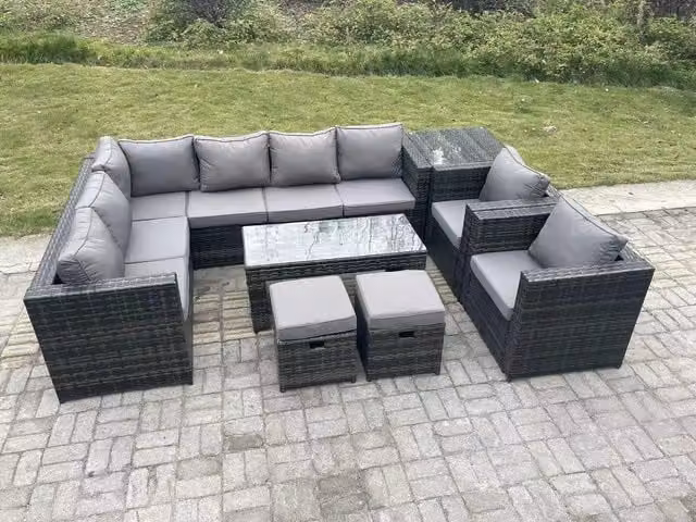 Fimous 10 Seater Rattan Corner Lounge Sofa Set with Rectangular Coffee Table, Side Table and 2 Armchairs in Dark Grey