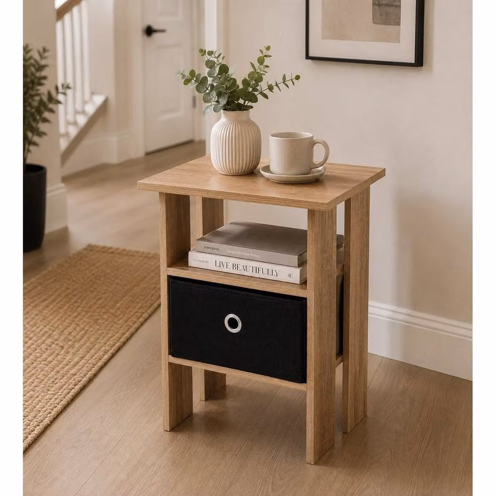 Kelvenix Side Table with Black Basket in Oak Finish, Brown – 3