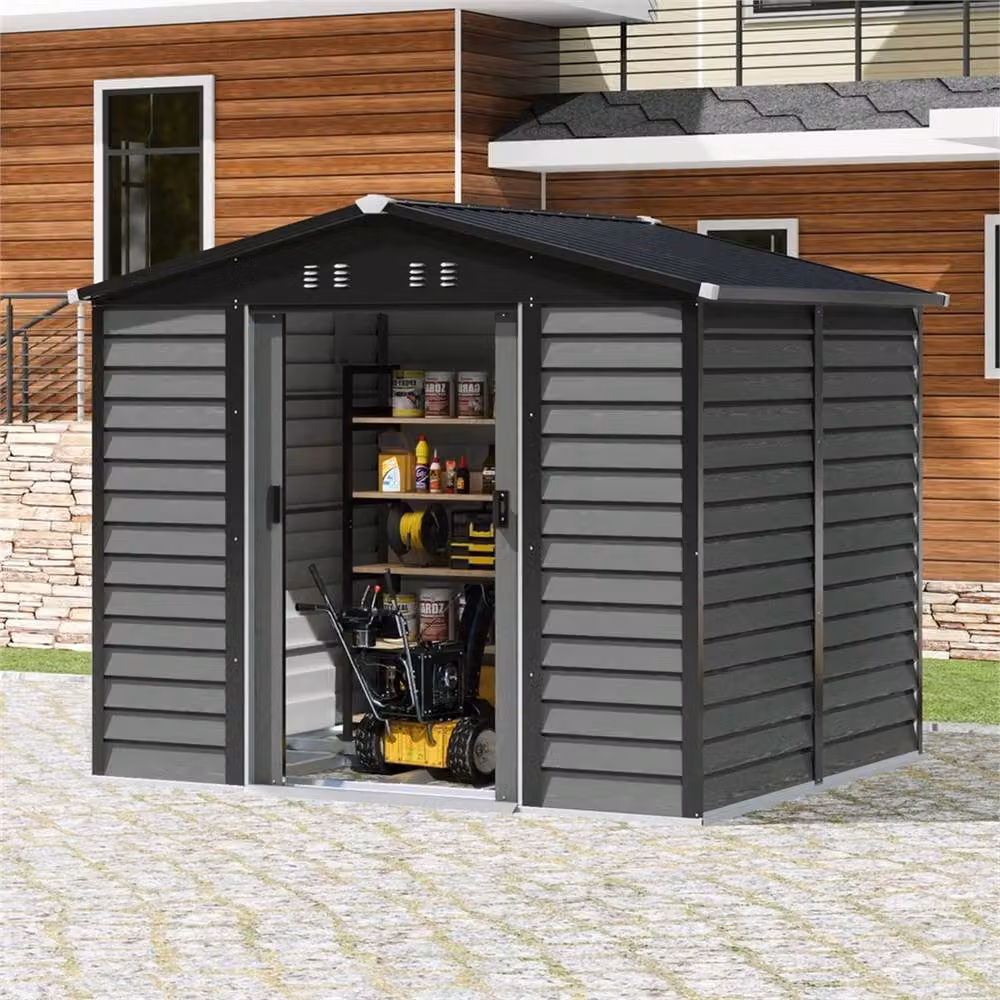 FLAVORA Grey Metal Garden Shed with Sliding Doors and Gable Roof – 2