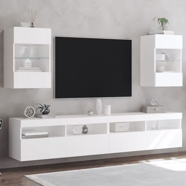 Berkfield Home Modern White Wall Mounted TV Cabinets with Integrated LED Lighting, Set of 2, W/D/H: 40 x 30 x 60.5 cm