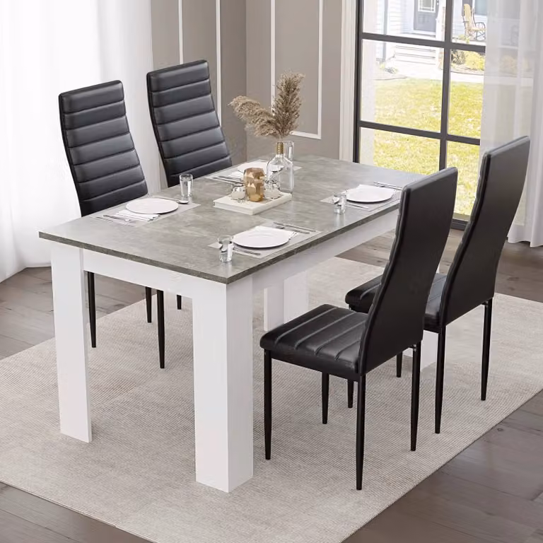 DHS Grey Marble Finish Rectangular Dining Table and 6 Chairs Set in Black, White and Grey